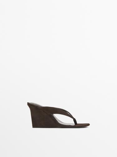 Zara Split leather high-heel wedge sandals - Brown - Image 0