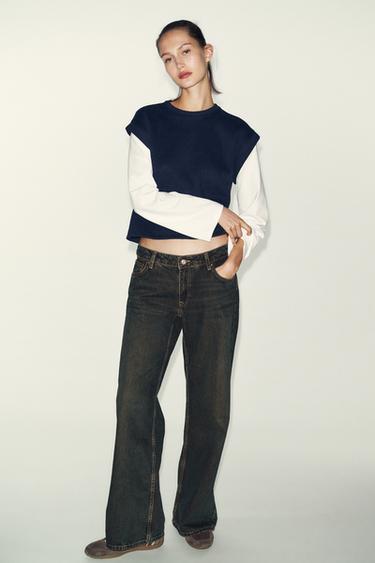 Zara 拼接背心 T 恤 - 裸色 / 海藍色