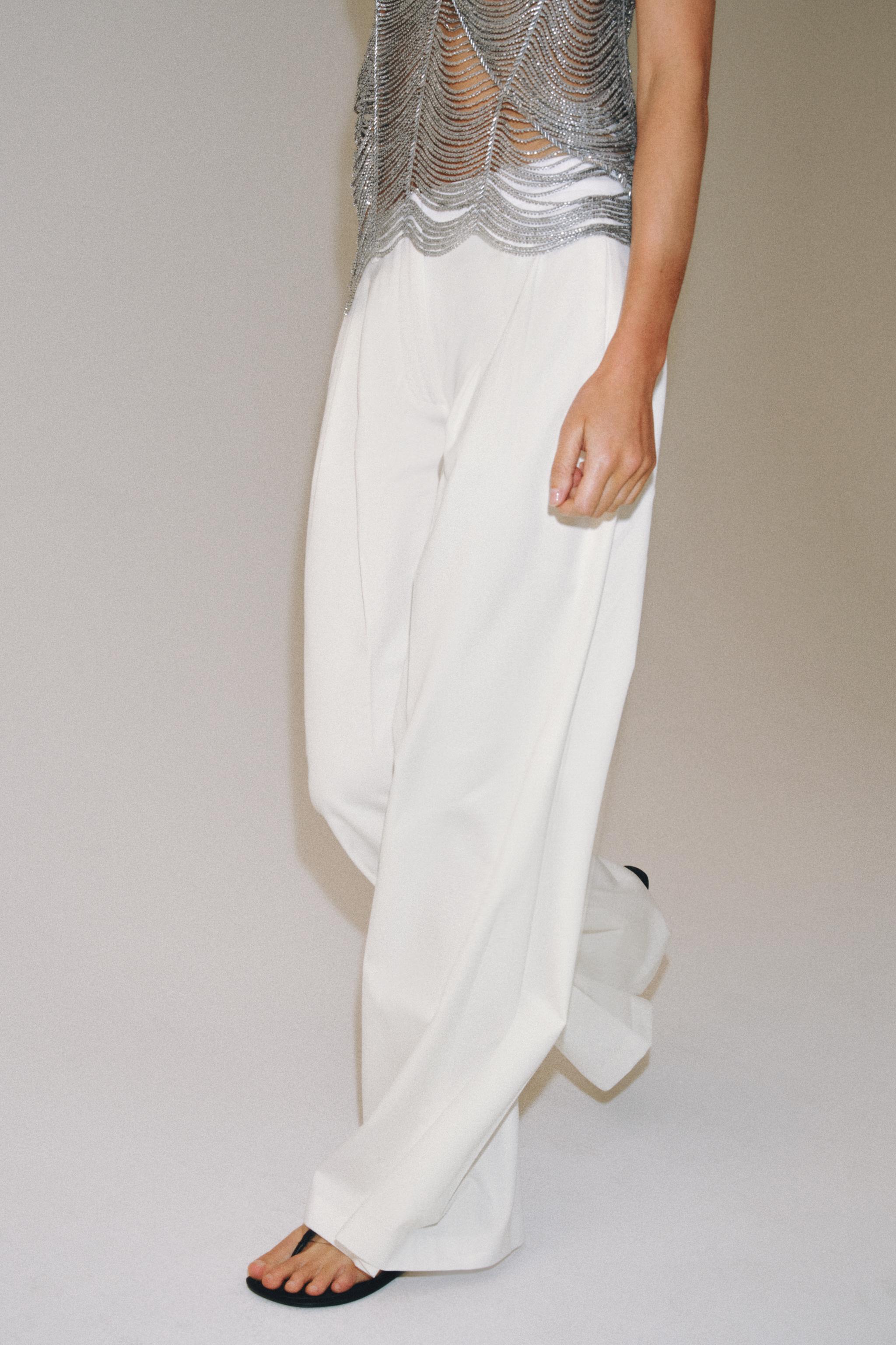 ZW COLLECTION PLEATED WIDE LEG PANTS - White | ZARA United States