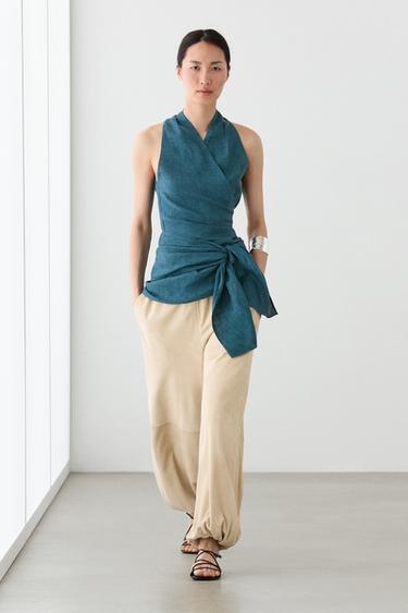 Zara 100% linen surplice top with tie detail - 567 - Image 0