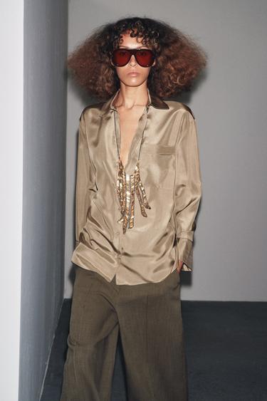 ZW COLLECTION SILK SHIRT WITH POCKET - Caramel by Zara