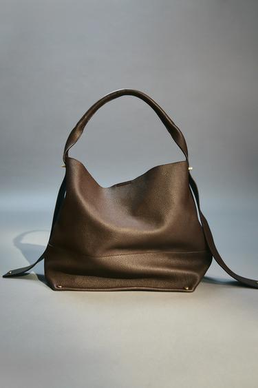 LEATHER MAXI BUCKET BAG - Brown by Zara