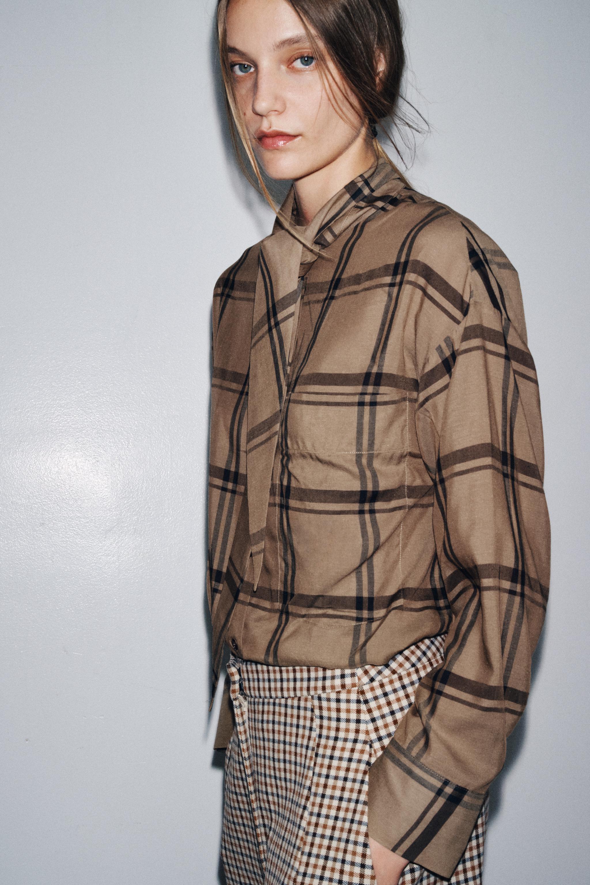 PLAID SCARF COLLAR SHIRT ZW COLLECTION - Mid-camel | ZARA