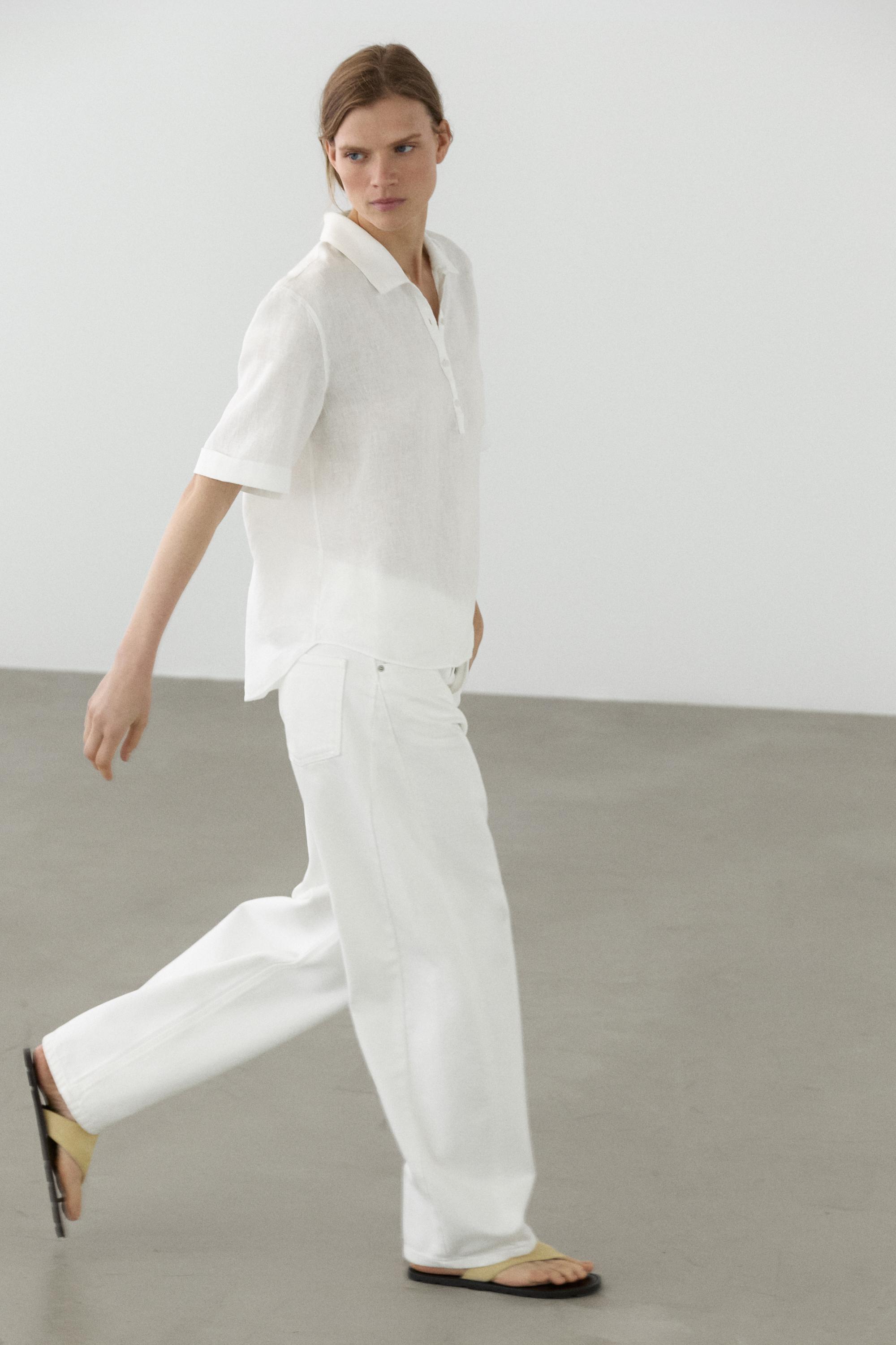 Short sleeve linen polo shirt — White