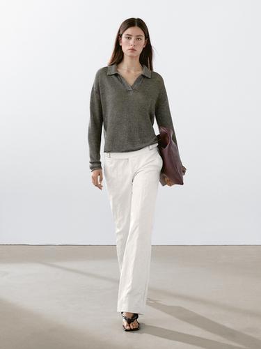 Zara 100% linen knit polo collar sweater - Bottle green