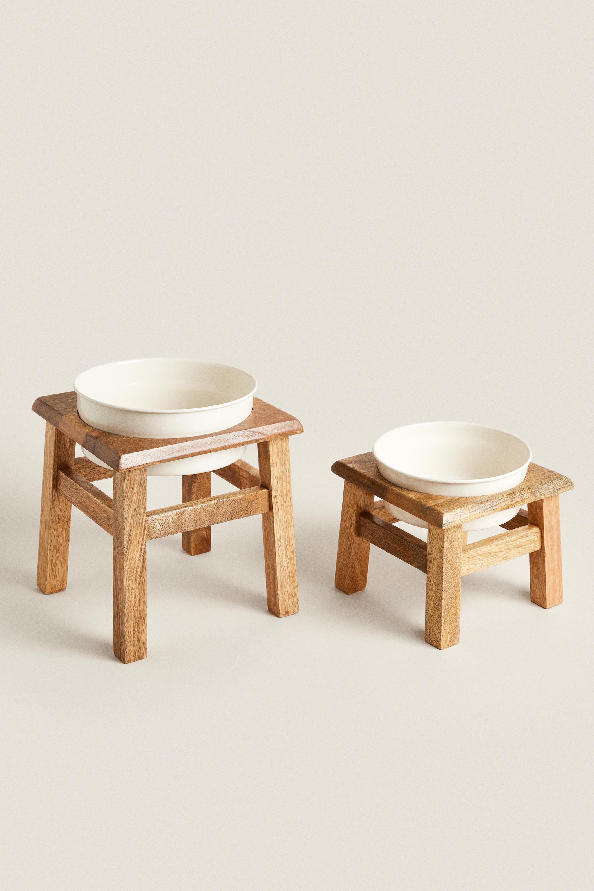 PET FOOD BOWL WITH STAND — Brown