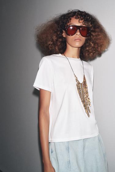 GEMERCEERD KATOENEN T-SHIRT - Wit van Zara