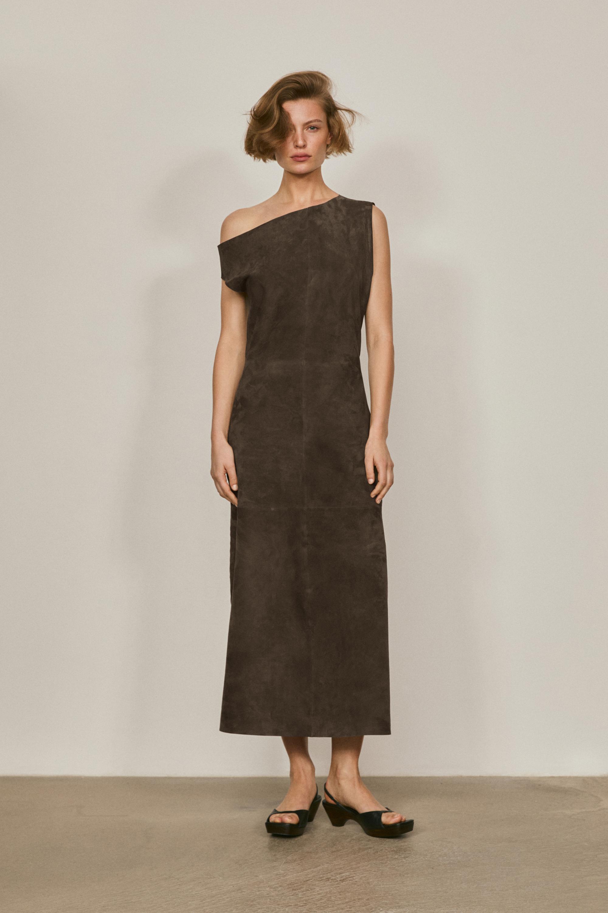 Suede leather midi dress with asymmetric neckline - LIMITED EDITION