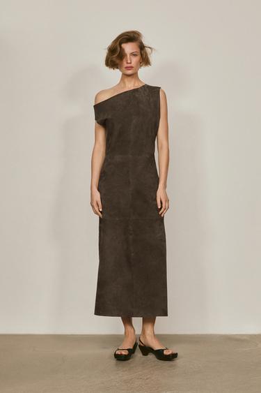 Zara Asymmetric neckline suede midi dress - LIMITED EDITION - Black gold - Image 0