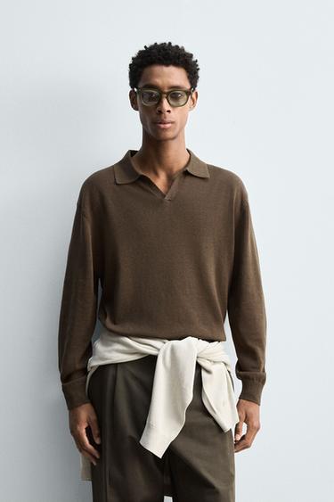 Zara COTTON-HEMP KNIT POLO SHIRT - Black / Brown