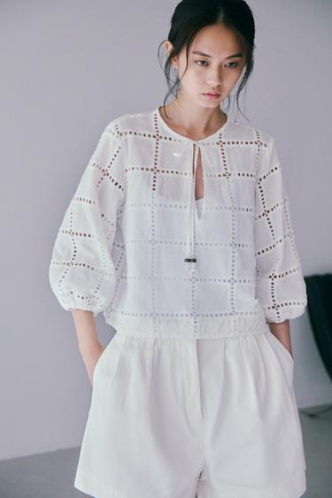 SHORT BLOUSE WITH CUTWORK EMBROIDERY - White by Zara
