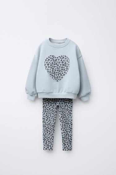 Zara PATCH SWEATSHIRT AND PRINTED RIBBED LEGGINGS SET - GREENISH
