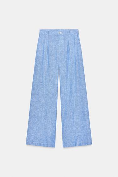WIDE-LEG PLEATED TROUSERS WITH LINEN BLEND SET - Light blue by Zara