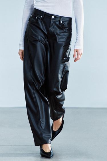 ZW COLLECTION LEATHER EFFECT ANKLE RELAXED FIT TROUSERS - Black by Zara
