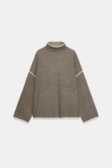 KNIT SWEATER WITH CONTRAST TRIMS - Taupe grey by Zara