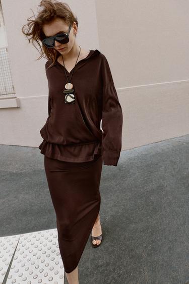 GATHERED KNIT POLO SHIRT - Chocolate by Zara