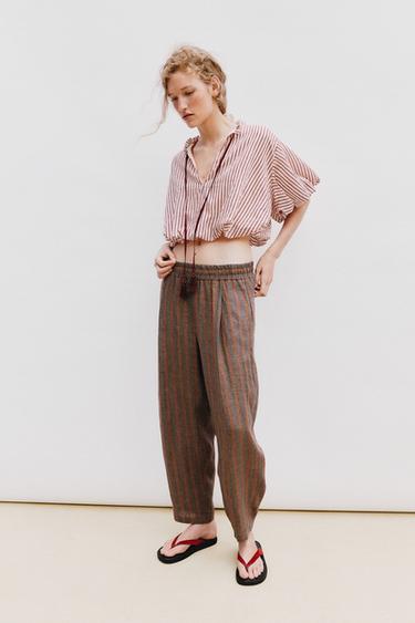 Zara TIED STRIPED PUFF-SLEEVE TOP - Ecru / Maroon
