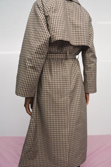 Zara ZW COLLECTION OVERSIZED PLAID TRENCH COAT - Beige / Green