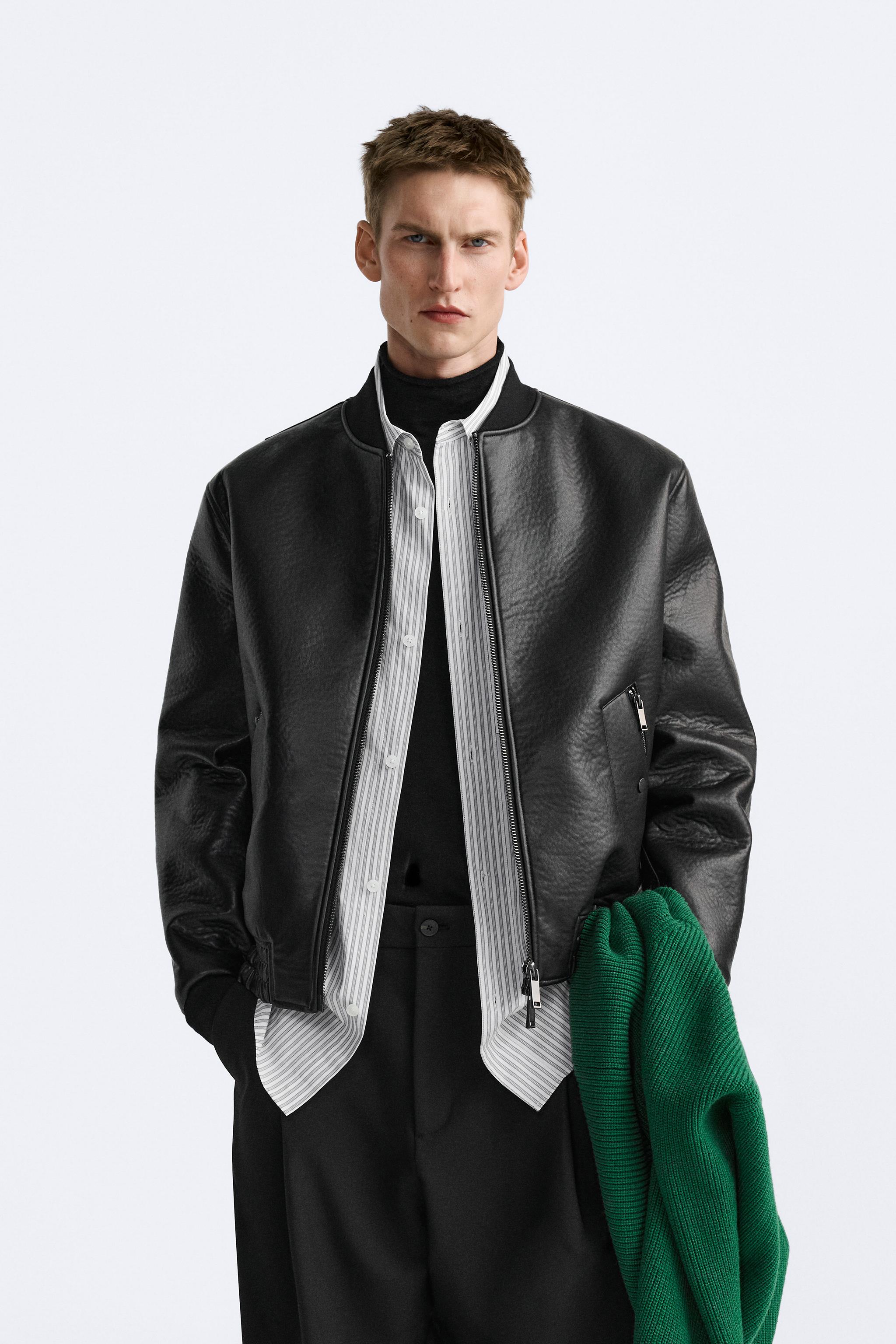 Mens faux leather bomber on sale jacket