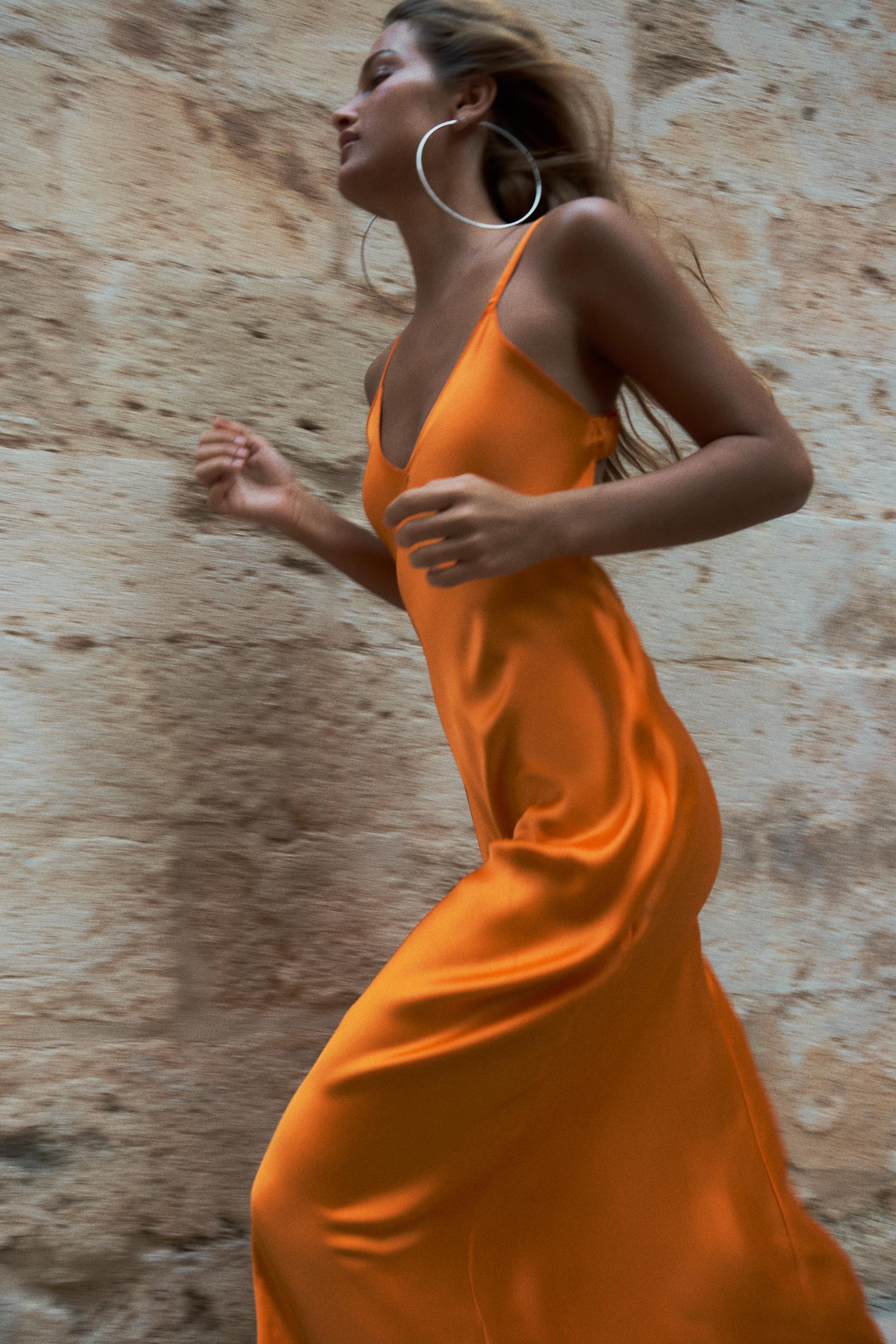 SATIN EFFECT MIDI SLIP DRESS - Orange | ZARA United States