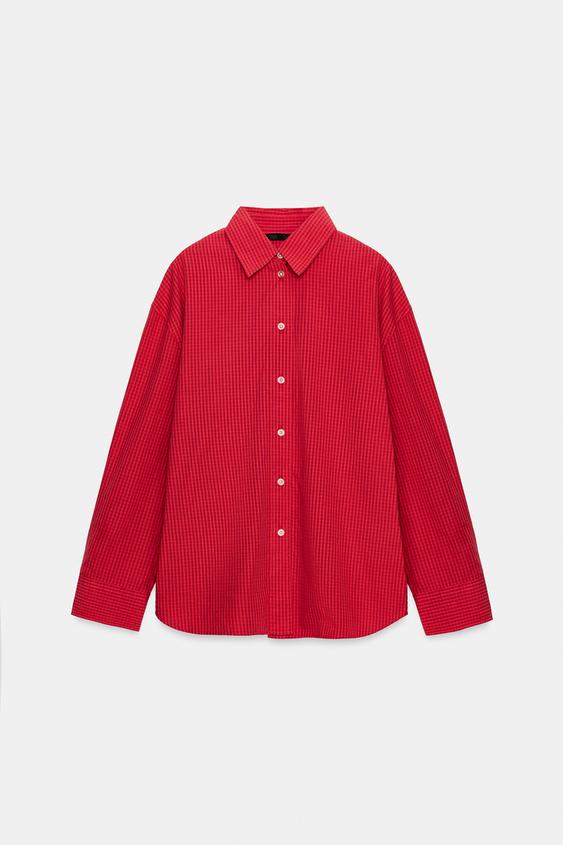 CHEMISE OVERSIZE EN POPELINE À CARREAUX - Rouge / Noir de Zara - Image 5