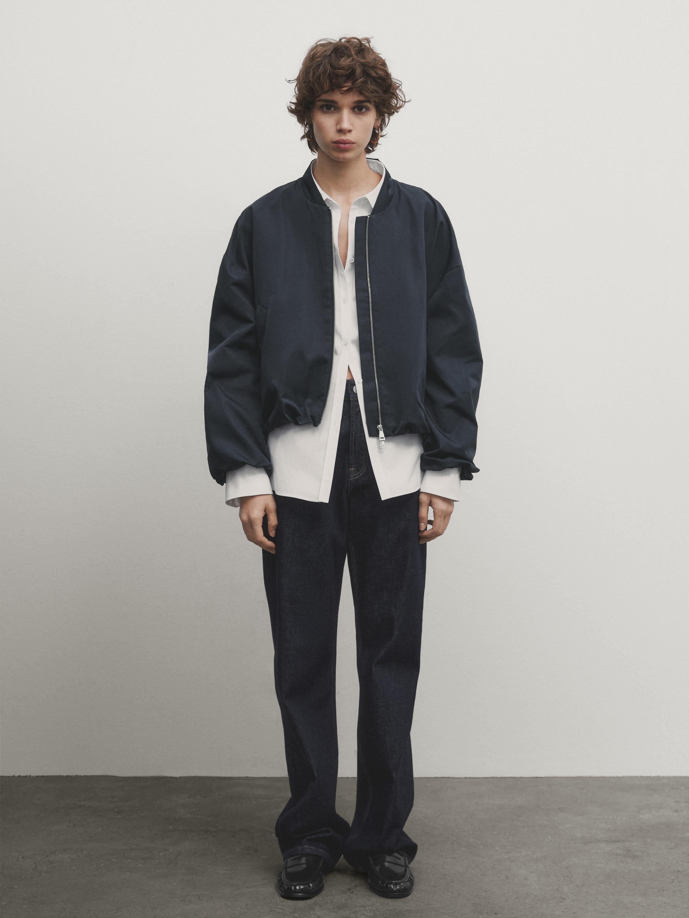 Loose-fitting satin bomber jacket - Navy blue | ZARA United States