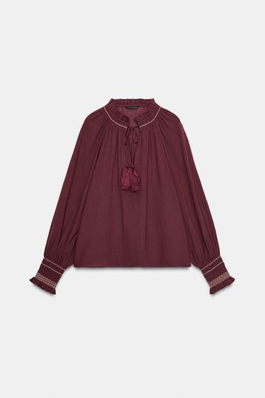 CHEMISE BRODERIES POMPONS - Bordeaux de Zara - Image 5