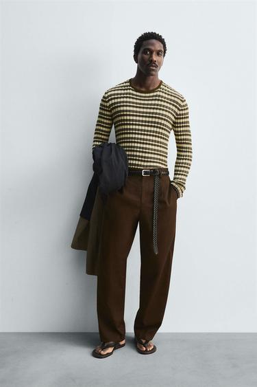 Zara STRIPED JACQUARD SWEATER - Khaki