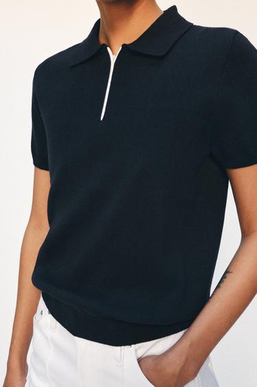 Zara KNIT ZIP POLO SHIRT - Navy blue