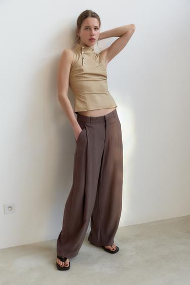Zara FLOWY PLEATED PANTS - Mink brown