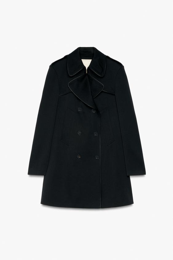 Zara ZW COLLECTION CONTRAST TRIM WOOL BLEND DOUBLE BREASTED TRENCH COAT - Black - Image 0