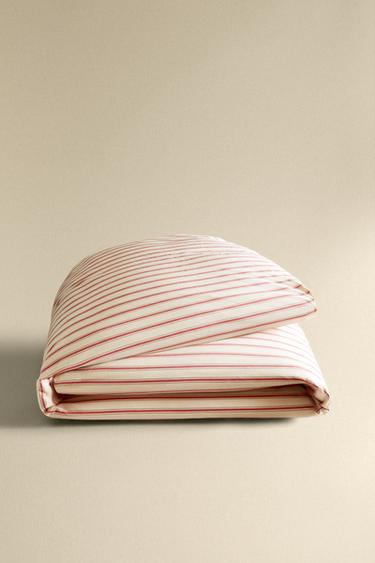 STRIPED PERCALE DUVET COVER (300 THREAD COUNT) - Red by Zara - Image 4