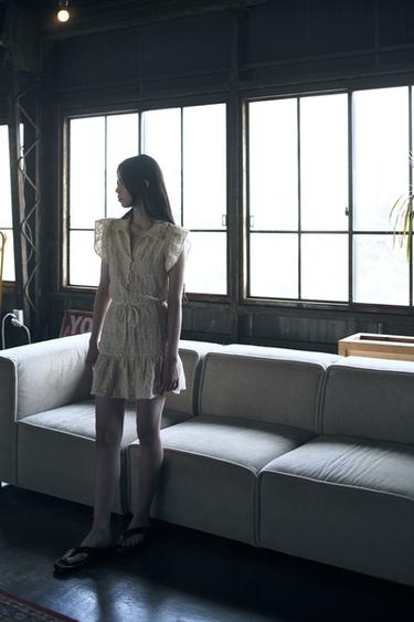 EMBROIDERED BELTED DRESS - Ecru by Zara - Image 0