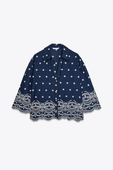 Zara EMBROIDERED SHIRT - Blue / White