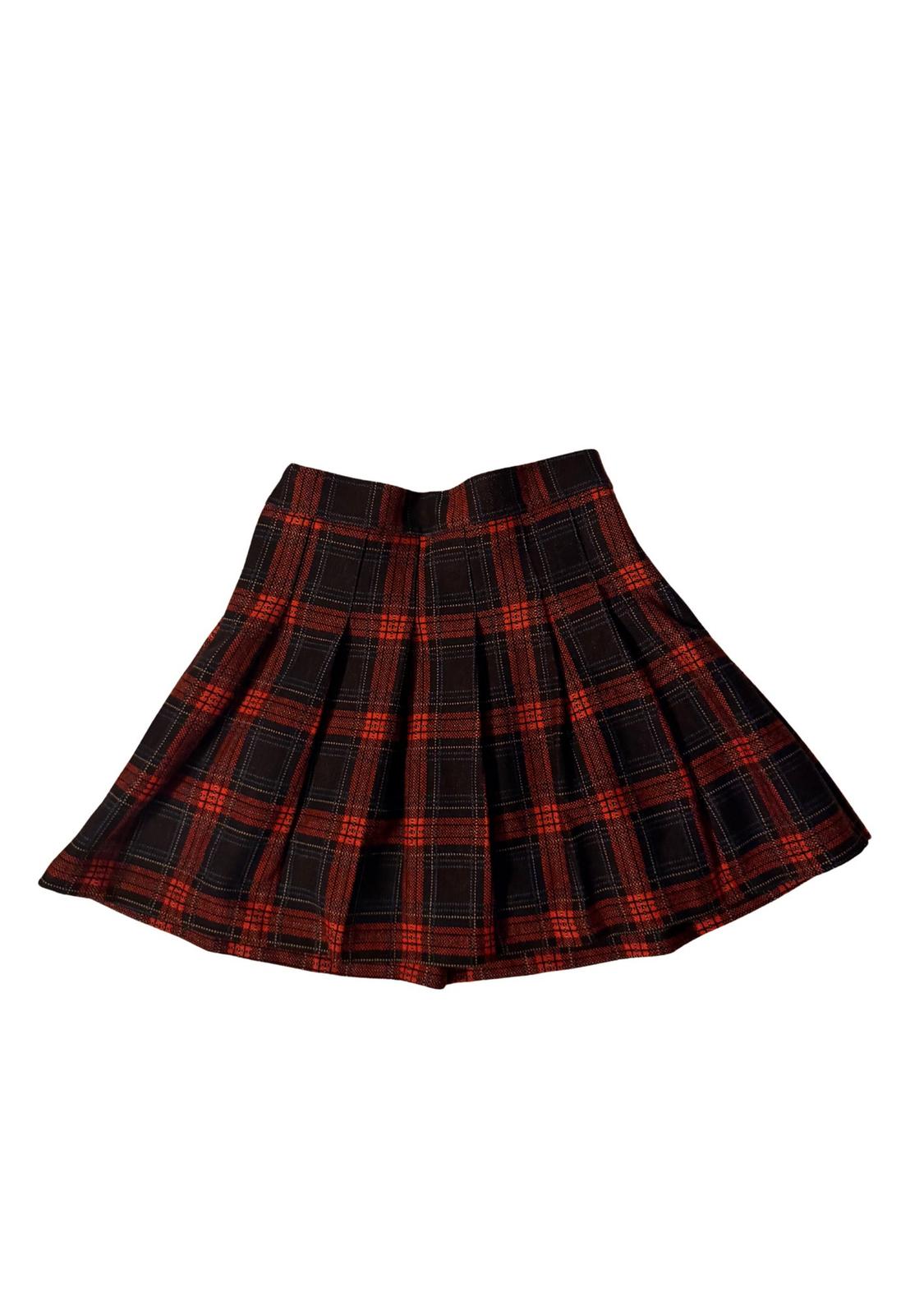 Red and black tartan mini skirt with pleats, on a white background.