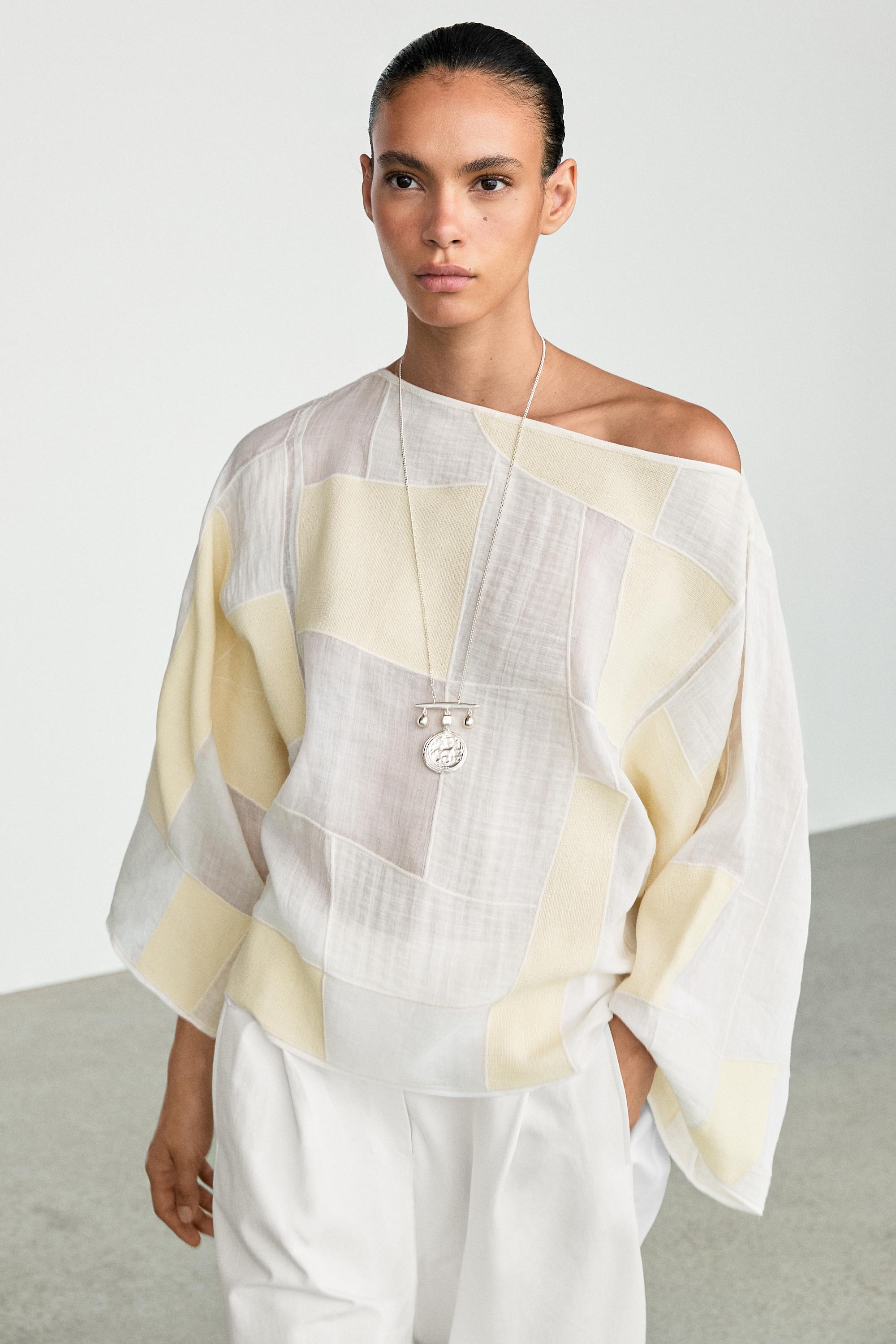 Patchwork print boat neck blouse — Oyster-white