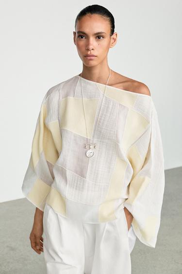 Zara Patchwork print boat neck blouse - Oyster-white