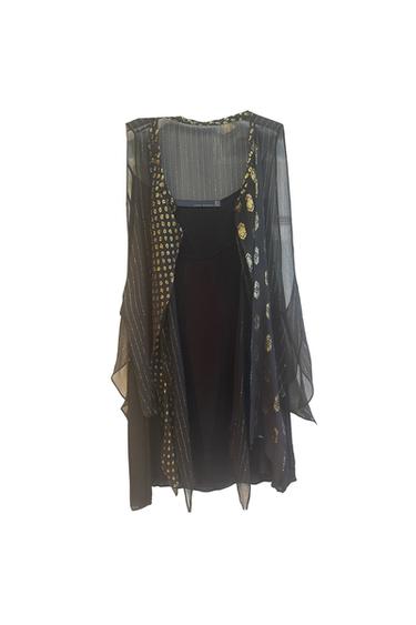 BLACK CAMISOLE WITH SHEER METALLIC VEST OVERLAY. CAN BE WORN SEPARATELY