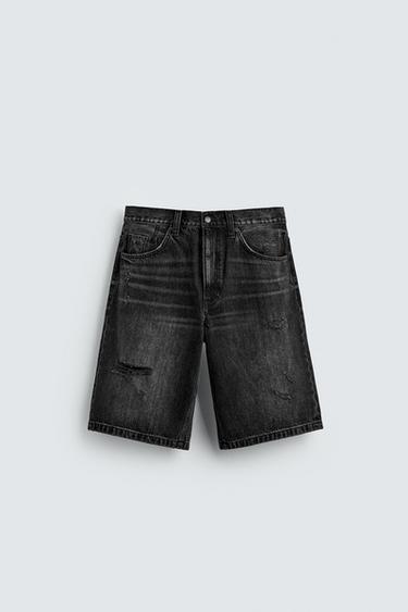 BERMUDA DENIM BAGGY FIT ROTOS - Carbón de Zara