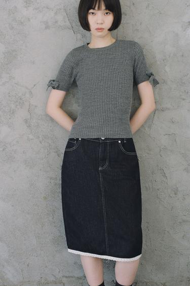 リブニット半袖セーター リボン付きグレーZaraのリブニット半袖セーター リボン付き - グレー
