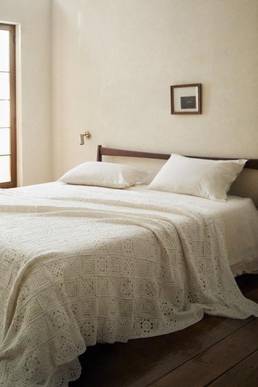 PATCHWORK CROCHET COTTON BEDSPREAD - White by Zara