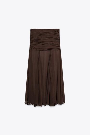 ZW COLLECTION SEMI-SHEER DRAPED SKIRT - Dark brown by Zara - Image 4