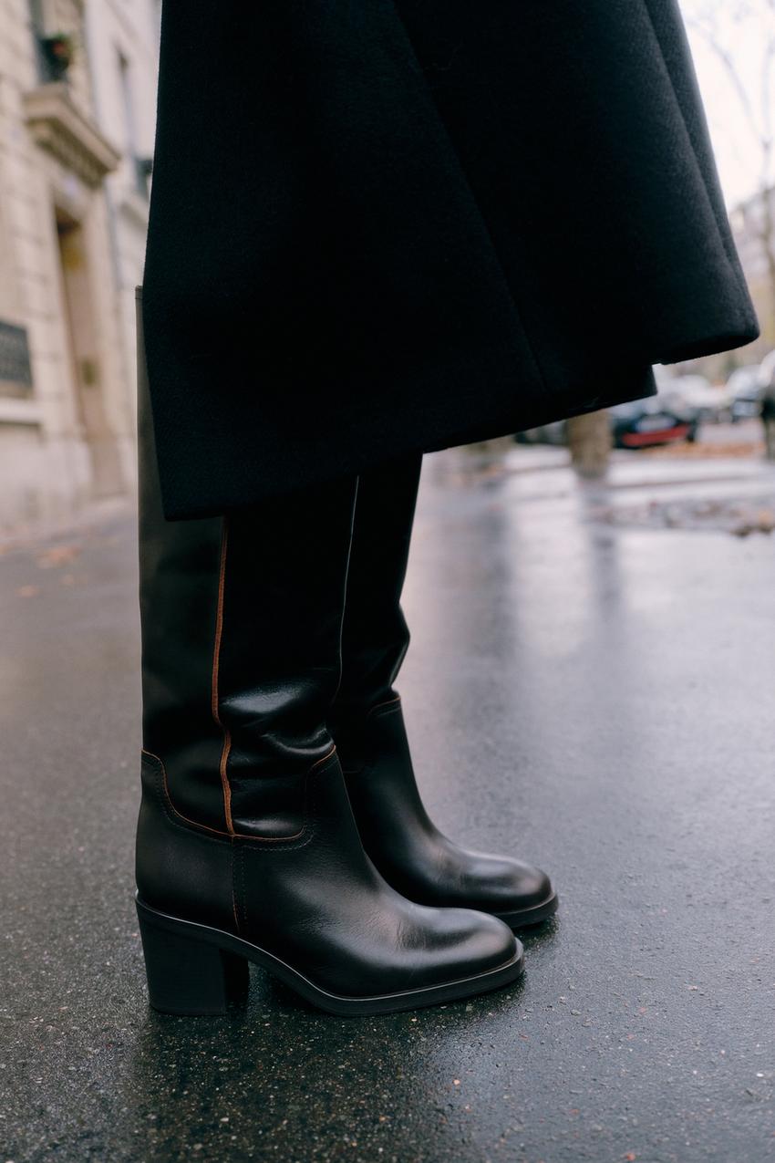 レザーブロックヒールブーツ - チョコレートブラウン | ZARA Japan / 日本