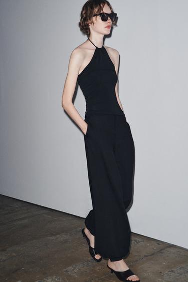 Zara CREPE HALTER TOP - Black