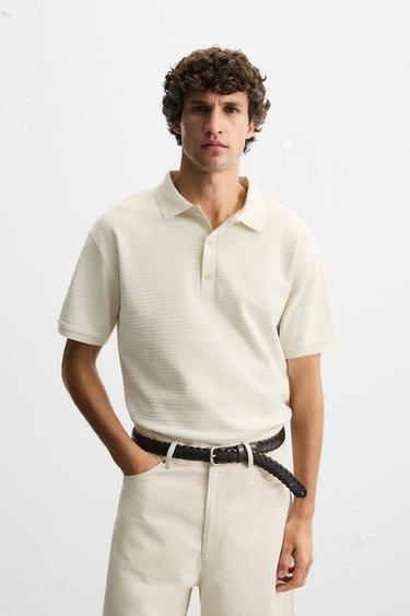 Zara JACQUARD STRIPED POLO SHIRT - Ecru