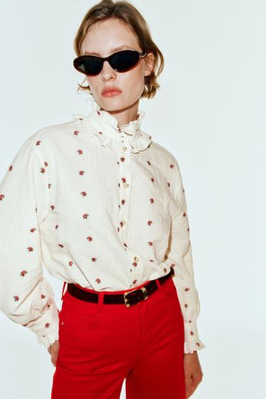 FLORAL JACQUARD RUFFLED BLOUSE — Ecru / Red 2