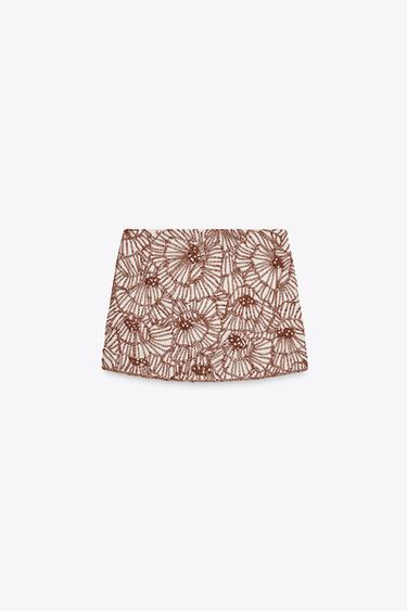 ZW COLLECTION FLORAL EMBROIDERY MINI SKIRT - Ecru / Brown by Zara - Image 6