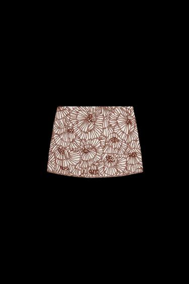Zara ZW COLLECTION FLORAL EMBROIDERED MINI SKIRT - Ecru / Brown - Image 0