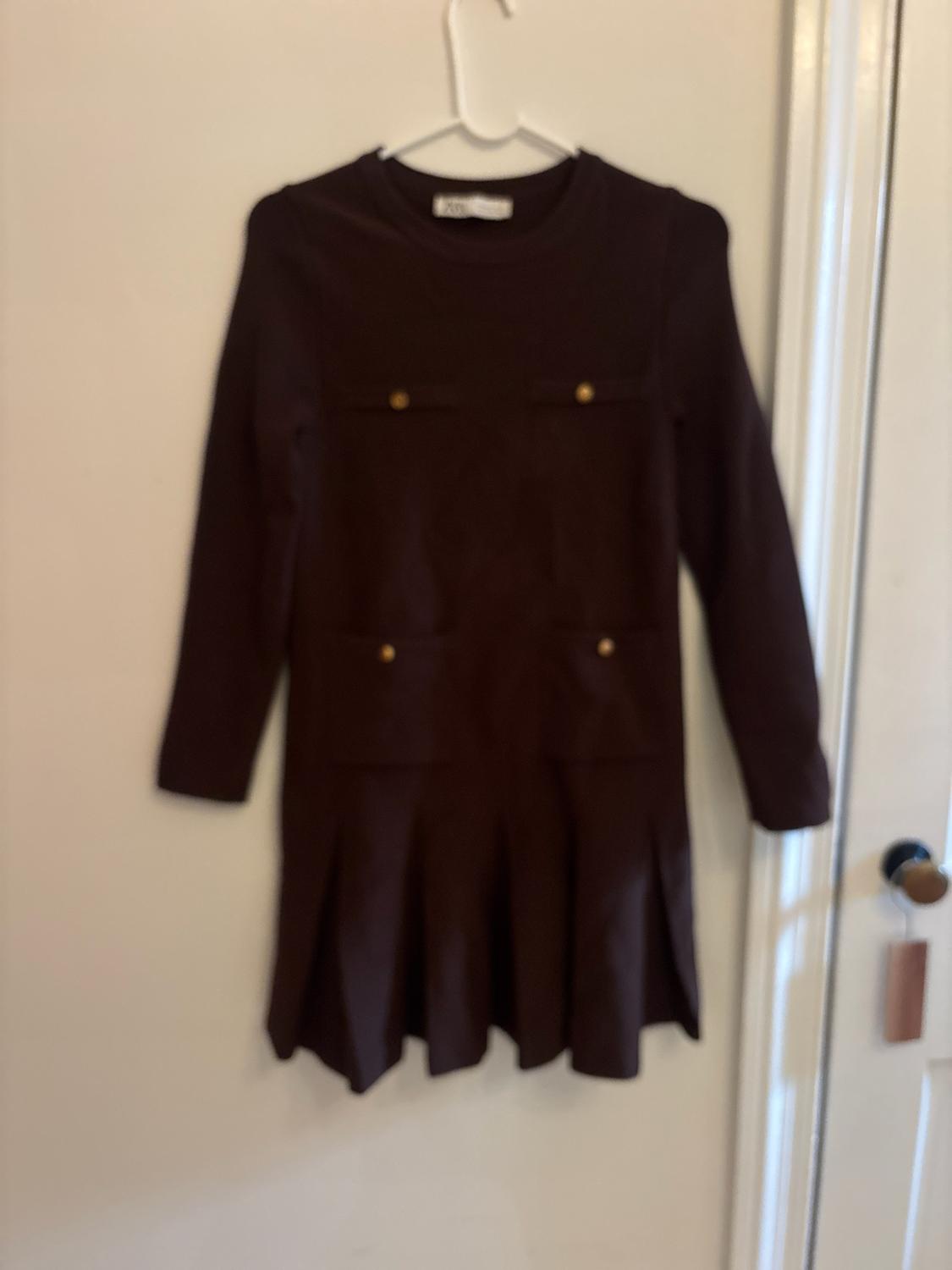 Dark brown long-sleeved short dress hanging on a door. Round
neck, four pockets with gold buttons, and a pleated hem.