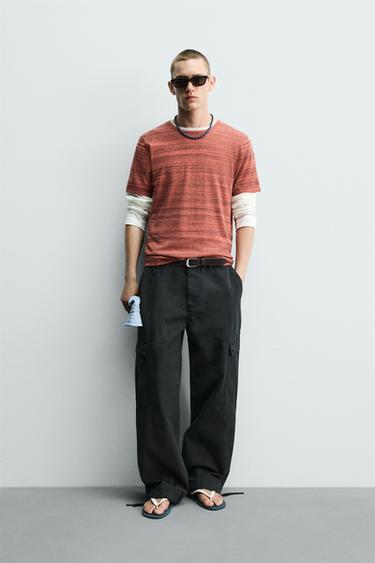 Zara IRREGULAR STRIPED KNIT T-SHIRT - Red / Orange - Image 0
